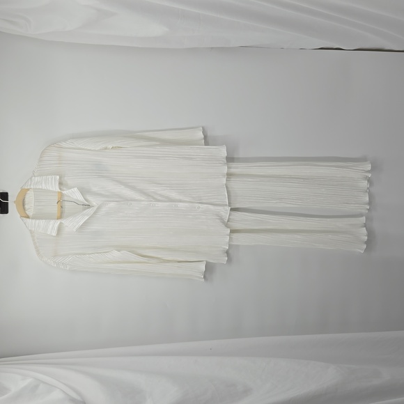 Shirt Pleated Two Piece Set Loose High Waist Wide Leg Pants Suit Casual … - Picture 2 of 14